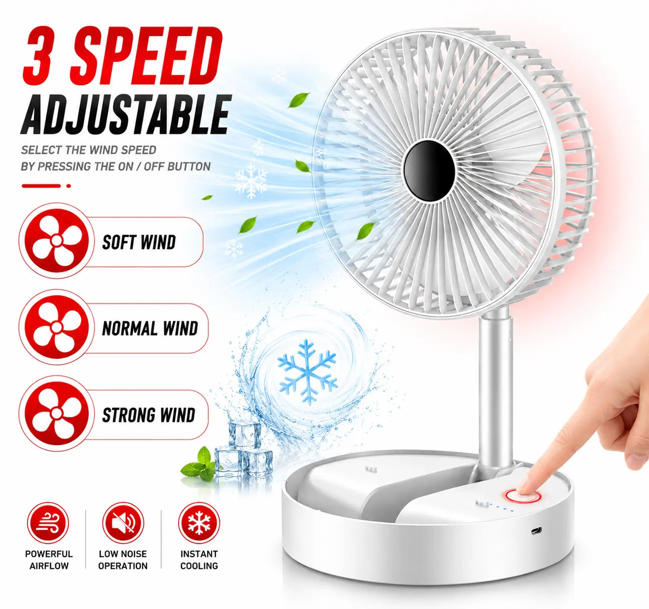 🔥Portable Rechargeable Fan 3-Speed Cooling | Foldable Design | 180° Adjustable Airflow | 2100 RPM Powerful rechargeable fan