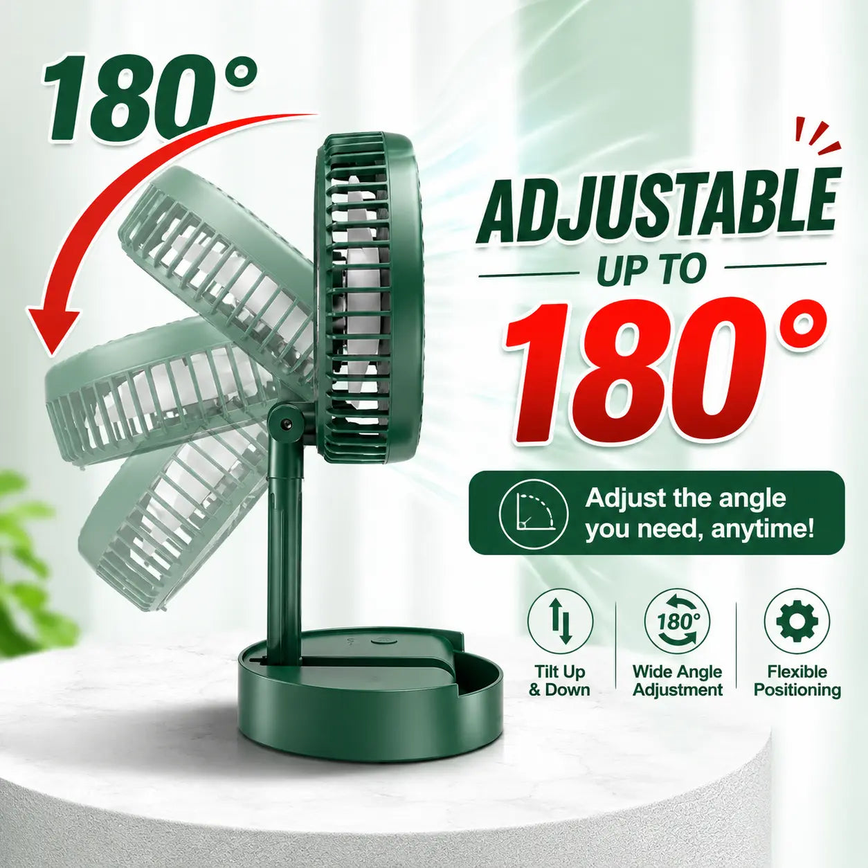 🔥Portable Rechargeable Fan 3-Speed Cooling | Foldable Design | 180° Adjustable Airflow | 2100 RPM Powerful rechargeable fan